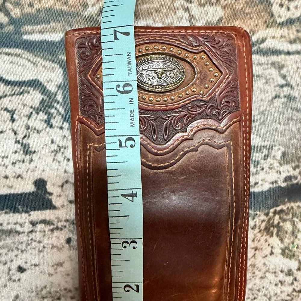 Leather Tooled Silver Creek Western Wallet w/ Longhorn Concho